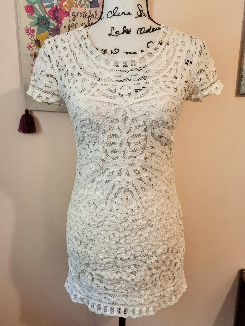 Sea New York Cream Battenburg Lace Shift Minidress, Silk Lining, EUC, Size 0